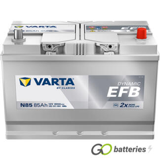 Varta N85 Dynamic EFB Start-Stop Battery 12V 85Ah 800 cold cranking amps, Silver case and the positive terminal is on the right hand side with the terminals closest to you. Also has carrying handle. UK 249EFB 335EFB