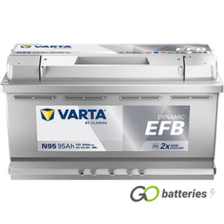 Varta N95 Dynamic EFB Start-Stop Battery 12V 95Ah 850 cold cranking amps, Silver case with the positive terminal is on the right hand side with the terminals closest to you. Also has carrying handle. UK 019EFB