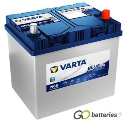 Varta N65 Blue Dynamic Start-Stop EFB Battery 12V 65Ah 650 cold cranking amps, Silver case with Blue top and the positive terminal is on the right hand side with the terminals closest to you. Also has carrying handle. UK 005EFB