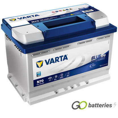 Varta N70 Blue Dynamic Start-Stop EFB Battery 12V 70Ah 760 cold cranking amps, Silver case with Blue top and the positive terminal is on the right hand side with the terminals closest to you. Also has carrying handle. UK 096EFB