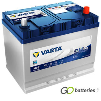 Varta N72 Blue Dynamic Start-Stop EFB Battery 12V 72Ah 760 cold cranking amps, Silver case with Blue top and the positive terminal is on the right hand side with the terminals closest to you. Also has carrying handle. UK 068EFB