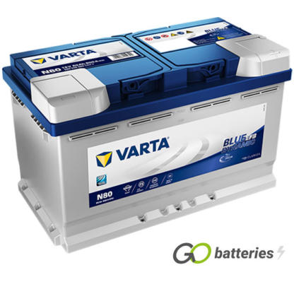 Varta N80 Blue Dynamic Start-Stop EFB battery. 12 volt 80 amp 800 cold cranking amps, with a silver case and blue top and a carrying handles. Also know as a 115EFB.