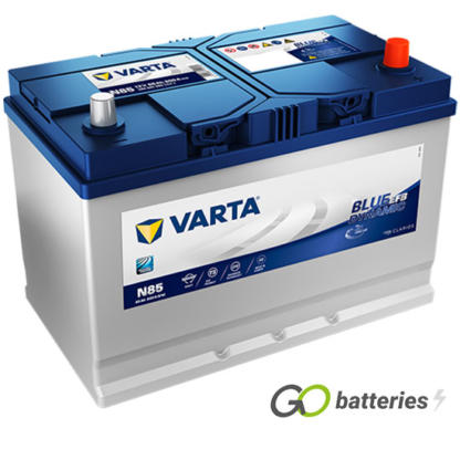 Varta N85 Blue Dynamic Start-Stop EFB Battery 12V 85Ah 800 cold cranking amps, Silver case with Blue top and the positive terminal is on the right hand side with the terminals closest to you. Also has carrying handle. UK 249EFB