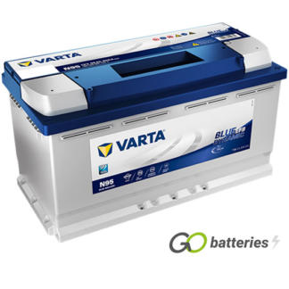 Varta N95 Blue Dynamic Start-Stop EFB Battery 12V 95Ah 850 cold cranking amps, Silver case with Blue top and the positive terminal is on the right hand side with the terminals closest to you. Also has carrying handle. UK 019EFB