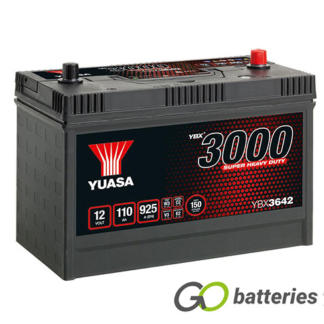 Yuasa YBX3642 12 volt 110 amp 925 cold cranking amp Heavy Duty battery. Black case with carrying handle and terminals located centrally on top of the battery. Also known as 640SHD or C31-1000.