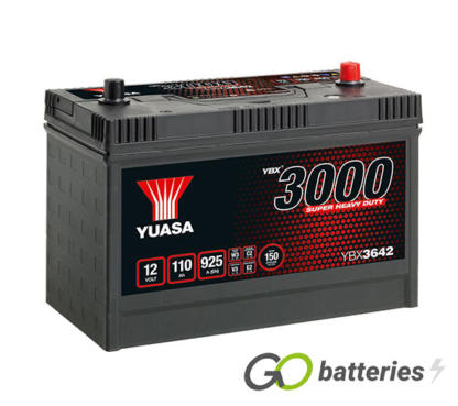 Yuasa YBX3642 12 volt 110 amp 925 cold cranking amp Heavy Duty battery. Black case with carrying handle and terminals located centrally on top of the battery. Also known as 640SHD or C31-1000.