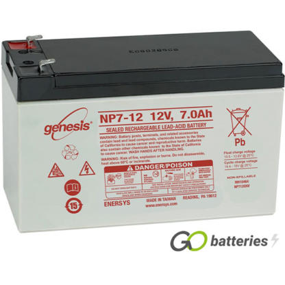 Genesis NP7-12 12 volt 7 amp AGM battery. Grey case with a black top and the terminals are spade connectors.