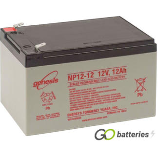 Genesis NP12-12 12 volt 12 amp AGM battery. Grey case with a black top and the terminals are spade connectors.