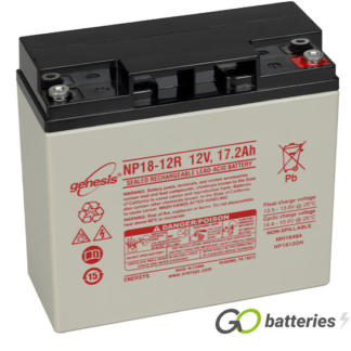 Genesis NP18-12 12 volt 18 amp AGM VRLA battery. Grey case with a black top and the terminals are threaded screw in type and the positive terminal is on the right hand side with the terminals closest to you.