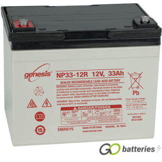 Genesis NP33-12 12 volt 33 amp AGM battery. Grey case with a black top and the terminals are spade connectors.