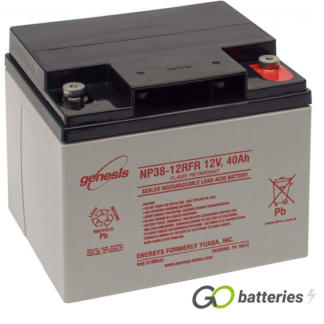 Genesis NP38-12 12 volt 38 amp AGM VRLA battery. Grey case with a black top and the terminals are threaded screw in type and the positive terminal is on the right hand side with the terminals closest to you.