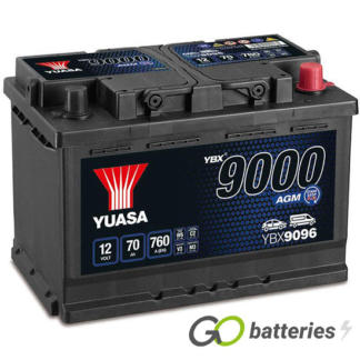 Yuasa YBX9096 AGM Start-Stop 12 volt 70 amp 760 cold cranking amp battery. Black case with carrying handles and terminal layout is positive right with the terminals closest to you. Also known as 096AGM.