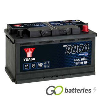 Yuasa YBX9115 AGM Start-Stop 12 volt 80 amp 800 cold cranking amp battery. Black case with carrying handles and terminal layout is positive right with the terminals closest to you. Also known as 115AGM.