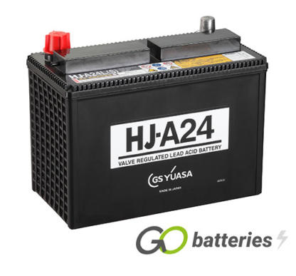 Yuasa HJ-A24L AGM MX5 battery. 12 volt 40 amp and 310 cold cranking amps. Black case with the positive terminal on the right hand side with the terminals closest to you.