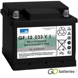 Sonnenschein GF12033Y1 Gel Battery, 12 volt 38 amps. Dark Grey case with automotive post terminls with the positive terminal on the right hand side with the terminals closest to you, with hold down.