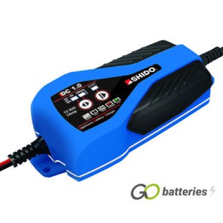 SHIDO DC1.0 dual battery charger 12 volt 1Ah charger is blue with a digital display