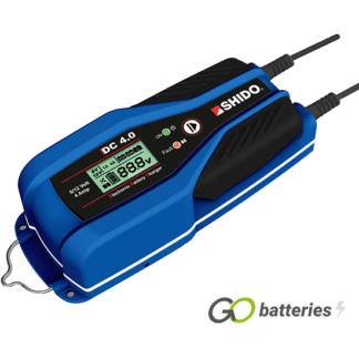 SHIDO DC4.0 dual battery charger 6 volt and 12 volt 4Ah charger is blue with a digital display