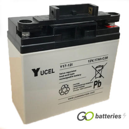 Yuasa Y17-12 AGM 12 volt 17 amp battery. Light grey case with a black top and threaded terminal into the battery.