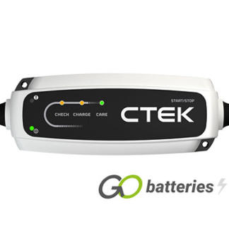 CTEK CT% START-STOP 12 volt 3.8 amp battery charger. Silver unit with black front and LED indicator display.