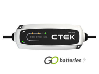 CTEK CT% START-STOP 12 volt 3.8 amp battery charger. Silver unit with black front and LED indicator display.