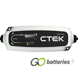 CTEK CT5 Time to Go 12 volt 5 amp battery charger. Silver unit with a black front and LED indicator display.
