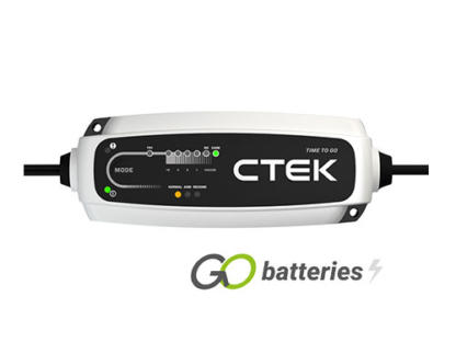 CTEK CT5 Time to Go 12 volt 5 amp battery charger. Silver unit with a black front and LED indicator display.