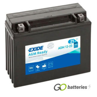 EXIDE AGM12-23 12 volt 21 amp 350 cold cranking amps sealed AGM battery. Black case and fully sealed.