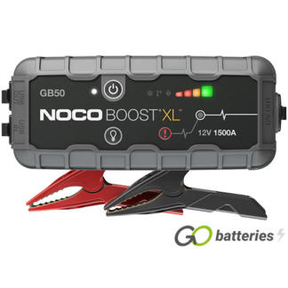 Noco GB50 12 volt 1500 amp Boost XL battery jump starter. LED charge status and ultra-bright 200 lumen LED light with 7 light modes including SOS and emergency strobe. Heavy duty cable. Grey and black case.