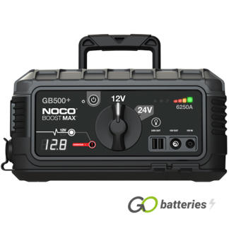 Noco GB500+ Genius Boost Max battery jump starter. 12 volt and 24 volt, 6250 amps of power. Black unit with a central dial for 12 & 24 volt switch, voltage display and USB charging points. Also high density 2,200 lumen LED light with 7 light modes including SOS and emergency strobe. Central carrying handle and comes with a high quality carrying case.