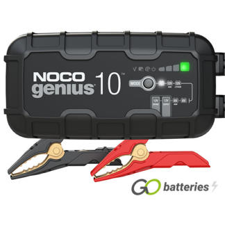 Noco Genius 12UK 6 volt and 12 volt 10 amp battery charger. Black case with LED modes and charge status on the front, robust cables.