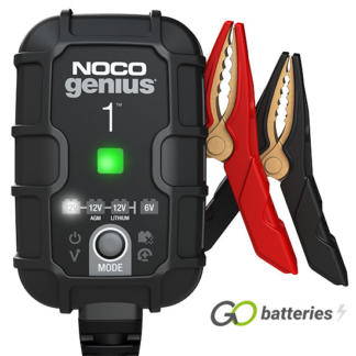 Noco Genius 1UK 6 volt and 12 volt 1 amp battery charger. Black case with LED modes and charge status on the front, robust cables.
