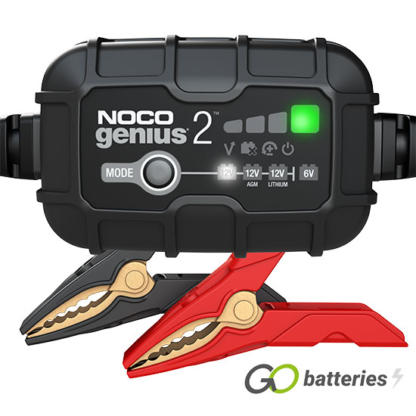 Noco Genius 2UK 6 volt and 12 volt 2 amp battery charger. Black case with LED modes and charge status on the front, robust cables.