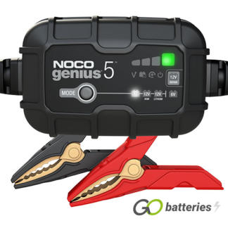Noco Genius 5UK 6 volt and 12 volt 5 amp battery charger. Black case with LED modes and charge status on the front, robust cables.