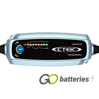 CTEK LITHIUM XS 12 volt 5 amp 8 step battery charger. Designed for charging Lithium batteries. Light blue unit with a black front, mode button and LED indicator display.