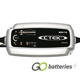 CTEK MXS 10 12 volt 10 amp 8 step battery charger. Silver case with a Black front, a mode button and LED indicator display.