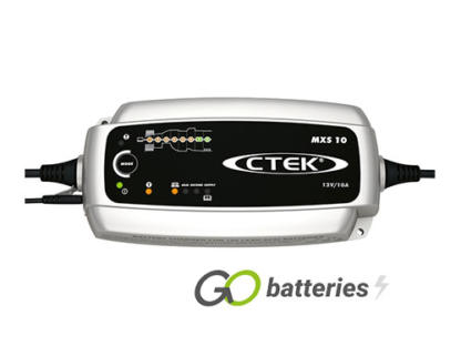 CTEK MXS 10 12 volt 10 amp 8 step battery charger. Silver case with a Black front, a mode button and LED indicator display.