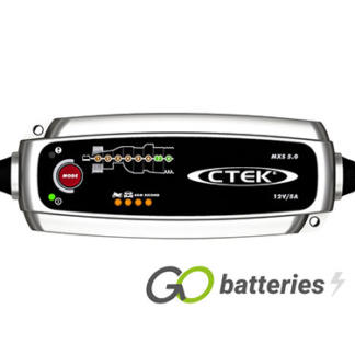 CTEK MXS 5 12 volt 5 amp 8 step battery charger. Silver case with a Black front, a mode button and LED indicator display.