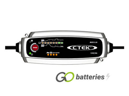 CTEK MXS 5 12 volt 5 amp 8 step battery charger. Silver case with a Black front, a mode button and LED indicator display.