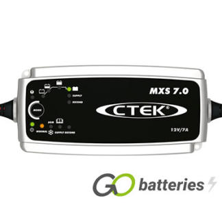 CTEK MXS 7 12 volt 7 amp 8 step battery charger. Silver case with a Black front, a mode button and LED indicator display.