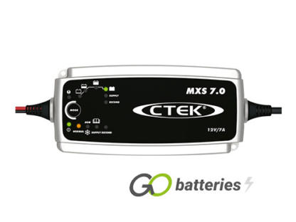 CTEK MXS 7 12 volt 7 amp 8 step battery charger. Silver case with a Black front, a mode button and LED indicator display.