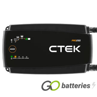 Ctek PRO25S Professional battery charger 12 volt 25 amps. Black battery charger with robust cables, works with any 12 volt vehicle battery including Lithium. Modes button on the front with charge indicator.