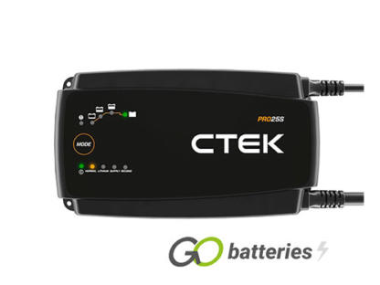 Ctek PRO25S Professional battery charger 12 volt 25 amps. Black battery charger with robust cables, works with any 12 volt vehicle battery including Lithium. Modes button on the front with charge indicator.
