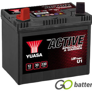 Yuasa U1 Lawnmower battery. 12 volt 30 amp 330 cold cranking amps, it has bolt through terminals with the positive terminal on the right hand side with the terminals closest to you. Black case with a carrying handle. Also know as 896.