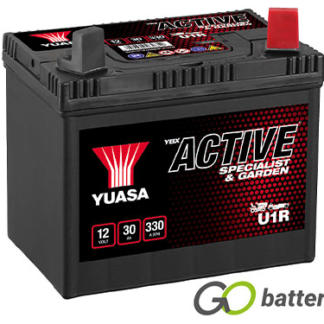 Yuasa U1R Lawnmower battery. 12 volt 30 amp 330 cold cranking amps, it has bolt through terminals with the positive terminal on the left hand side with the terminals closest to you. Black case with a carrying handle. Also know as 895.