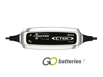 Ctek XS0.8 Compact trickle charger, 12 volt 0.8 amps. Automatic 6 step charger, silver case with a black front and LED indicator display.