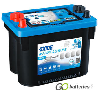 EXIDE EP450 Dual Purpose AGM battery. 12 volt 50 amp 750 cold cranking amps. Black case with a blue top and dual terminals.