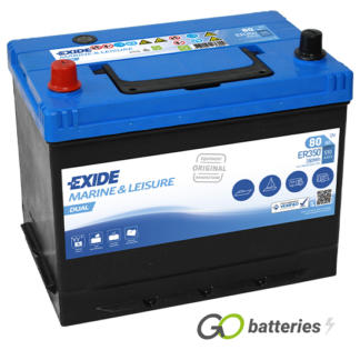 EXIDE ER350 Dual Purpose lesiure and marine battery. 12 volt 80 amp 510 cold cranking amps. Black case with a blue top and carrying handle. Positive terminal is on the right hand side with the terminals closest to you.