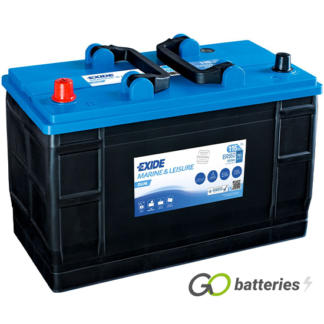 EXIDE ER550 Dual Purpose leisure and marine battery. 12 volt 115 amp 760 cold cranking amps. Black case with a blue top and central carrying handles. Positive terminal on the left hand side with the terminals closest to you.