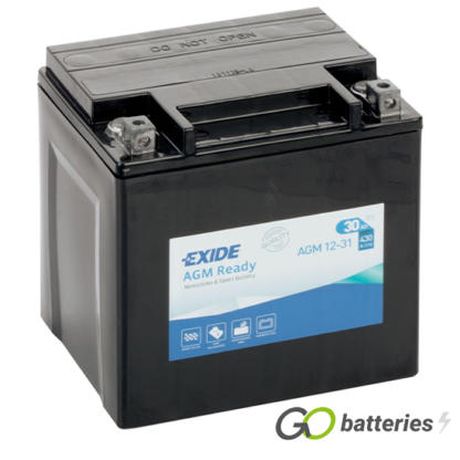 EXIDE AGM12-31 12 volt 30 amp 430 cold cranking amps Sealed AGM battery. Black case and fully sealed.