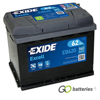 EXIDE EB620 12 volt 62 amp 540 cold cranking amps battery. Black case with a grey top and carrying handle. Also know as type 027.